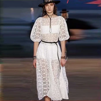 

Water Soluble Flower Sexy Hollow Flower Middle Sleeve Belt Temperament White Women'S Dress Spring And Summer High Quality