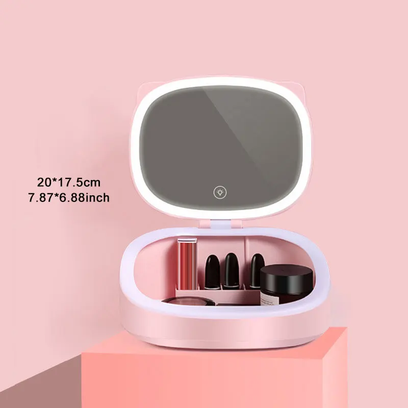 Kawaii USB Перезаряжаемый органайзер для макияжа с зеркалом, пластиковый светодиодный светильник, коробка для хранения косметики, украшений, контейнер для домашнего декора