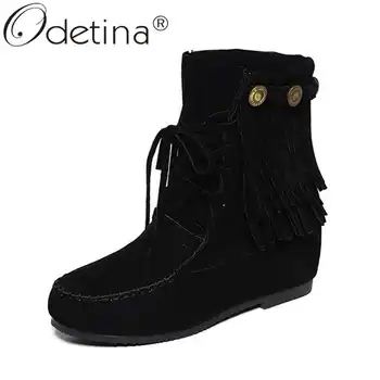 

Odetina Women Faux Suede Fringe Metal Decoration Ankle Boots Ladies Block Mid Hidden Heel Sewing Round Toe Lace Up Short Boots