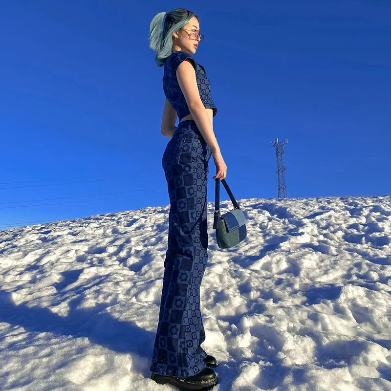 Women Denim Outfit Vintage Blue Crop Top And Wide Leg Pants Set JKP4789