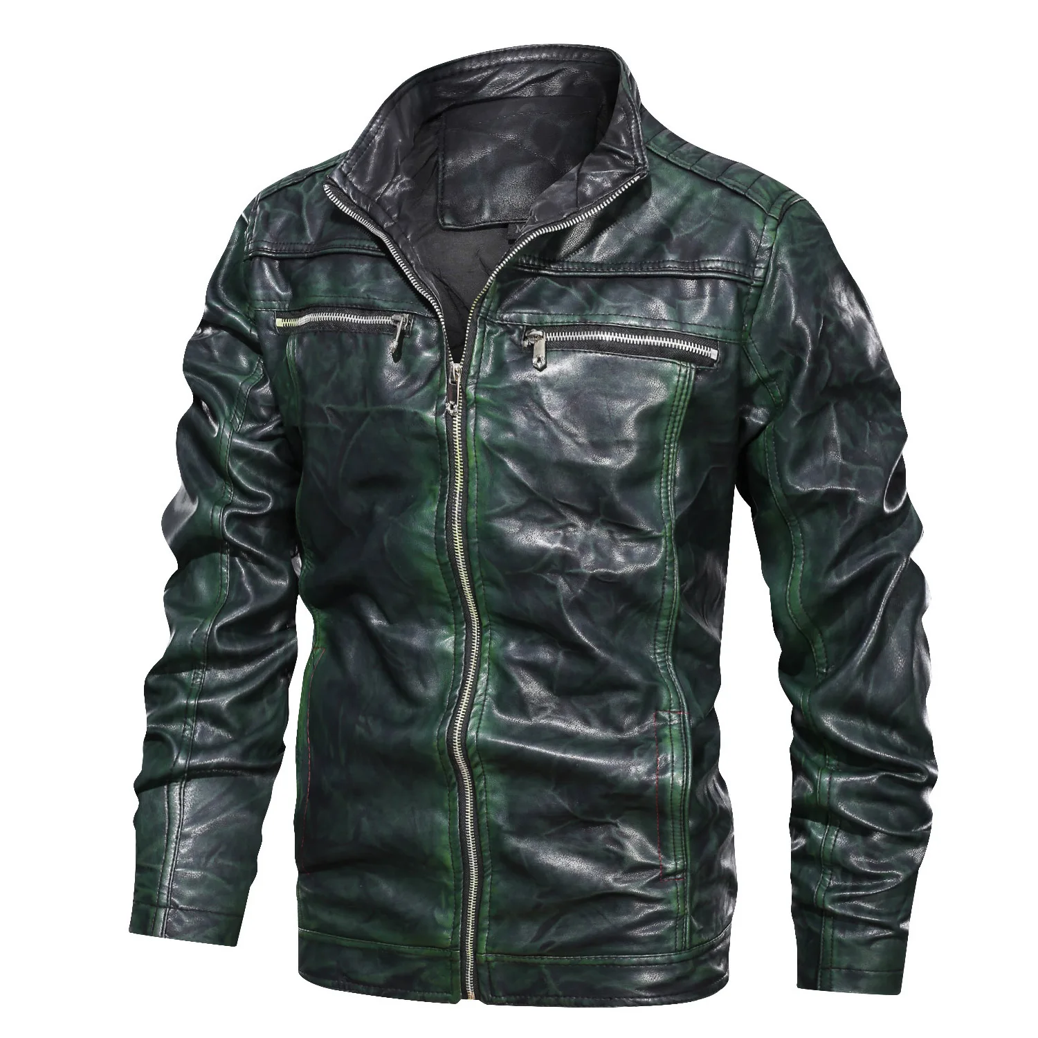 Chaqueta de cuero con cremallera oblicuo para hombre, chaqueta militar de cuero Pu con cremallera, abrigo S-XXXL europea de talla, otoño