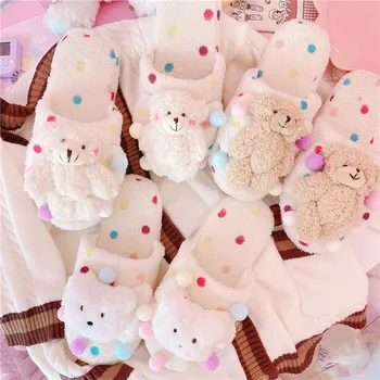

Cartoon Lovely Bear Plush Slippers Indoor Home Cotton Slippers Adulto Fashion Slippers With Fur
