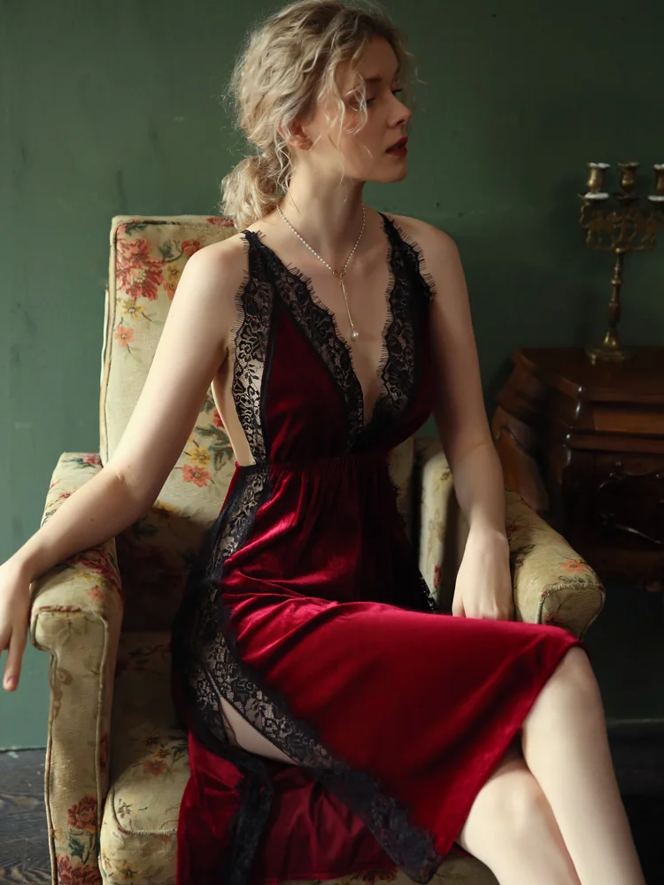 Sexy Nightgown Women Sleepwear Fall/winter Gold Velvet Beauty Back Suspender Dress Lace Side Split Temptation Hot Nightdress women nightgowns women nightdresses sleeping dress
