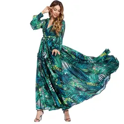 Платье с длинным рукавом, женское зеленое Тропическое пляжное винтажное платье макси, бохо Повседневное платье с v-образным вырезом и