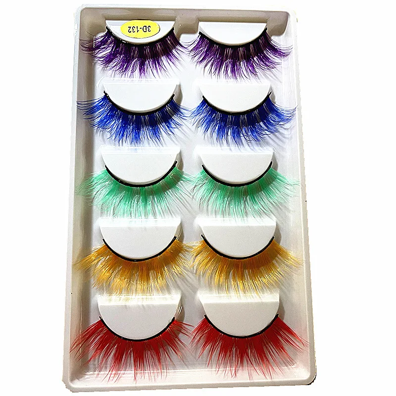 NEW 5 Pairs 3D Colored Faux Mink Eyelash Red Yellow Green Purple Colorful Fluffy High Volume Makeup Beauty Rainbow Lashes