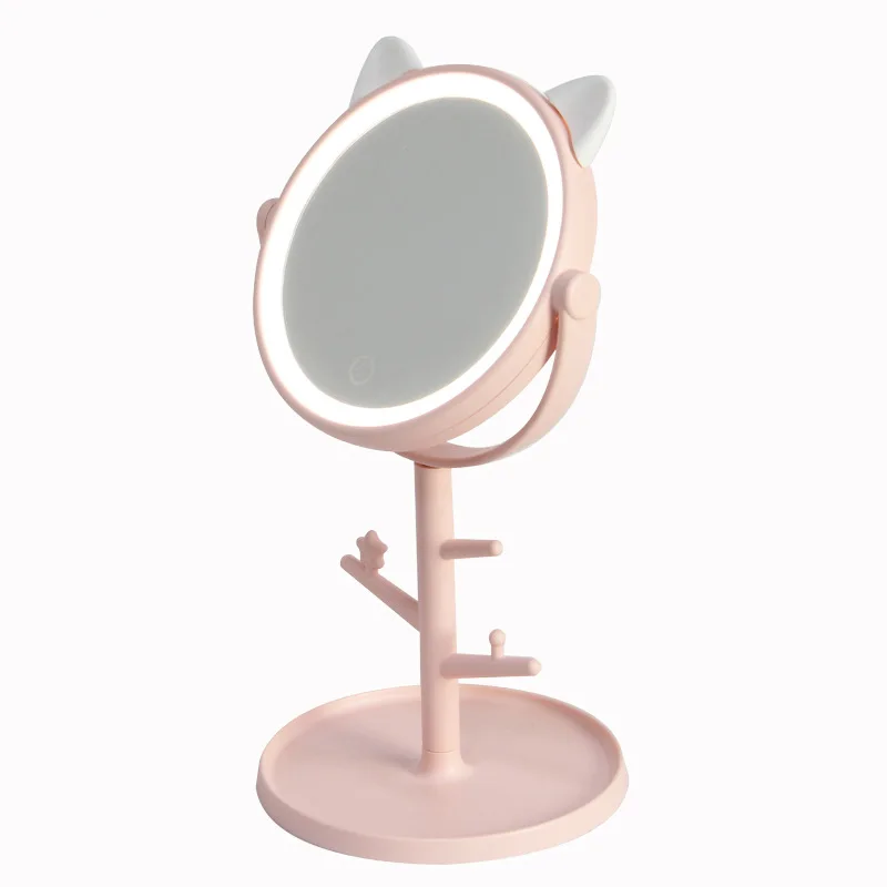 

1Pcs Makeup LED Mirror Table Desktop Countertop Base Use for Bathroom Travel Ordinary Pink Cat ear LED Mirror With USB Cable