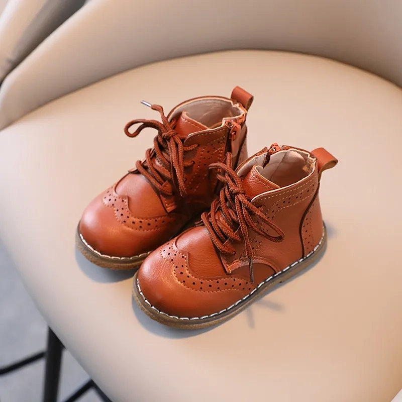 Children Boots British Style Fretwork Pu Leather Brown Black Boys Girls Short Boot 21-30 Toddler Zipper Solid Color Kids Shoes 5