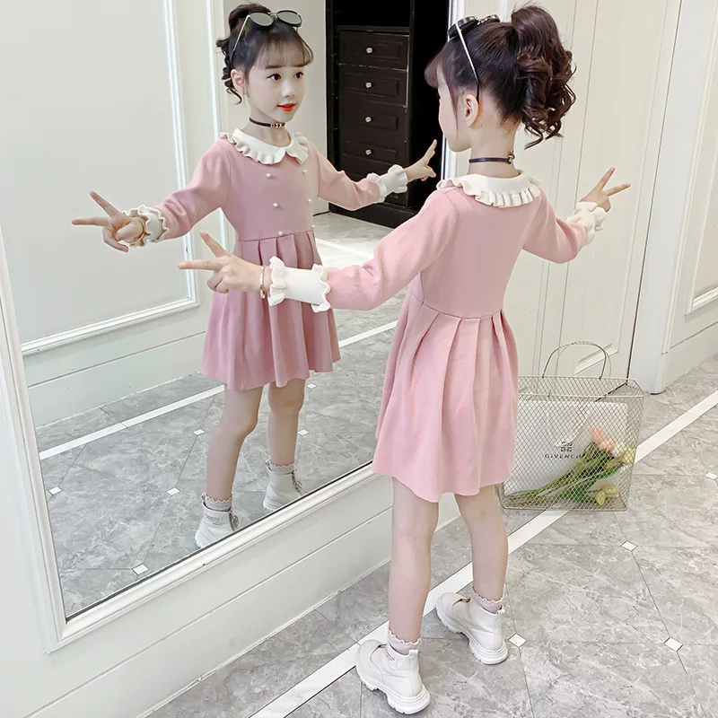 

2021 Fashion Girls Dress Knitting Dress For Girls Contrast Pleated Sweater Dress Princess Dress Child Clothing For 4-9 Age