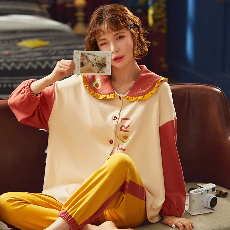 

Pajamas Female Spring and Autumn Long-sleeved Cardigan Korean-style Women's Summer Thin Section out Tracksuit Two-Piece Suit Kno