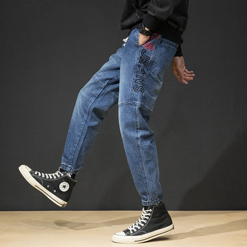 Japanese Style Fashion Men Jeans Black Gray Embroidery Spliced Designer Harem Jeans Men Cargo Pants Hip Hop Jeans Men Joggers