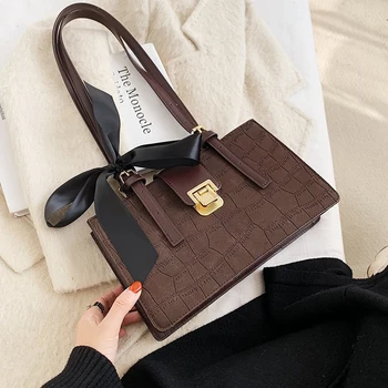 

Scrub PU Leather Hand Bags for Women 2021 Designer Vintage ShoulderBag with Ribbon Trending Stone Pattern Tote Handbags 2020 New