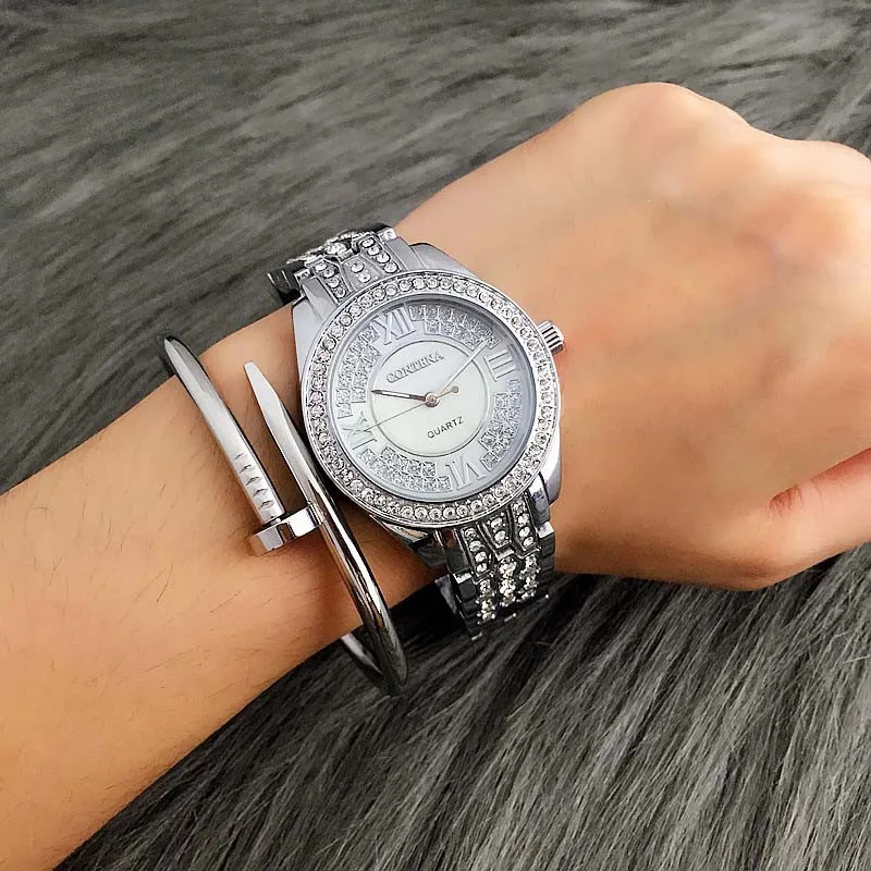 CONTENA роскошные женские часы из нержавеющей стали креативный Алмазный циферблат полный стальной чехол кварцевые женские часы Топ бренд Reloj Mujer