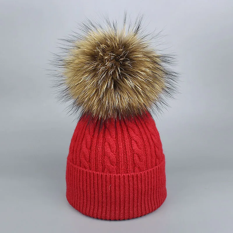 Женская зимняя вязаная шапка с помпоном из натурального меха, Вязаная Мягкая теплая шапка, осенняя женская вязаная одноцветная шапка с помпоном для взрослых - Цвет: M
