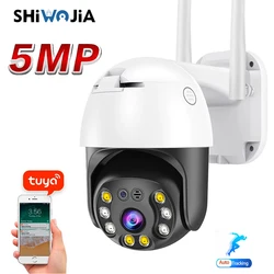 Shiwojia 5mp hd câmera ip tuya segurança ao ar livre inteligente ptz wi fi câmera de rastreamento automático 4x zoom digital dome cctv alexa google casa