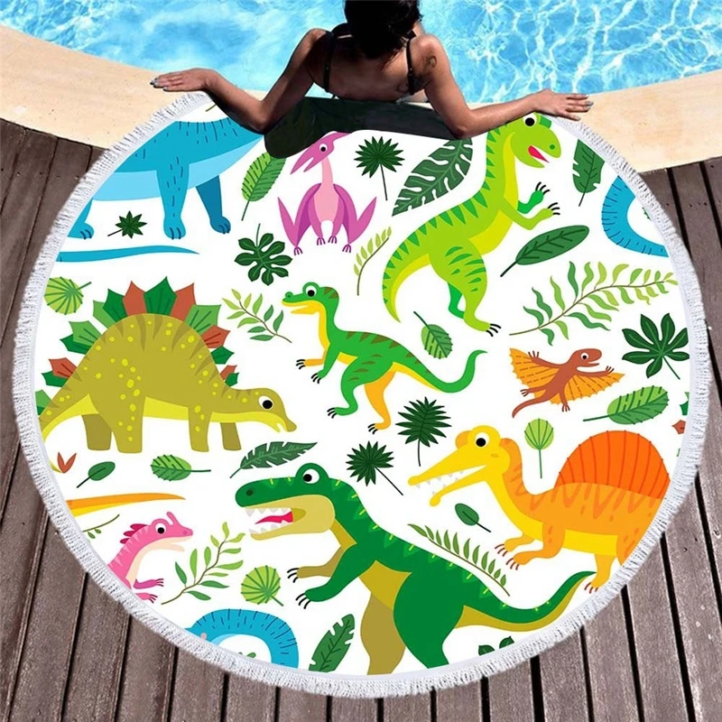 Cartoon-Dinosaur-Printed-Round-Beach-Towel-With-Tassels-Animals-Microfiber-Children-Beach-Towels-Adults-Kids-Room (1)