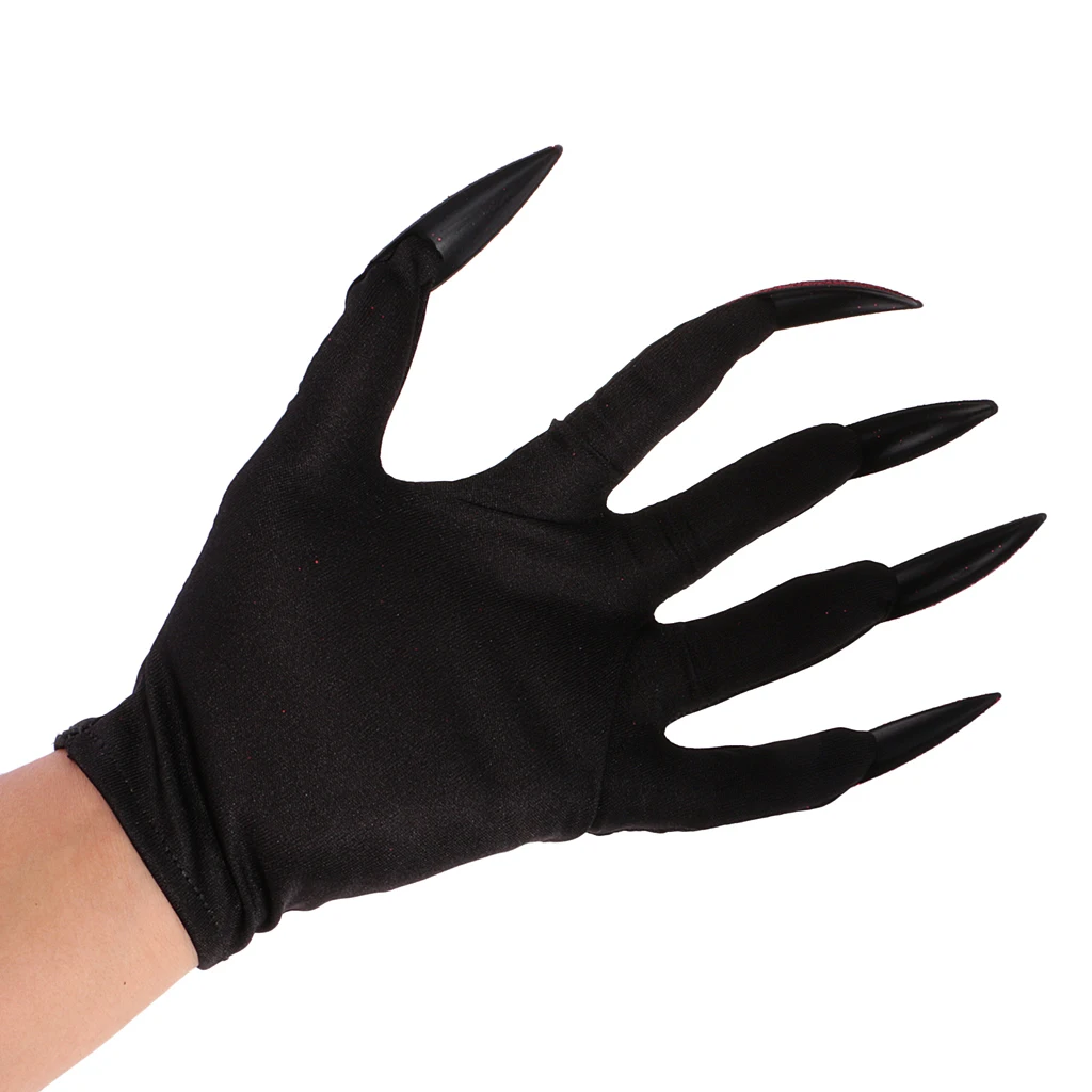 Scary Devil W/ Red Glitter Nails Halloween Party Gloves Costume Fancy Dress