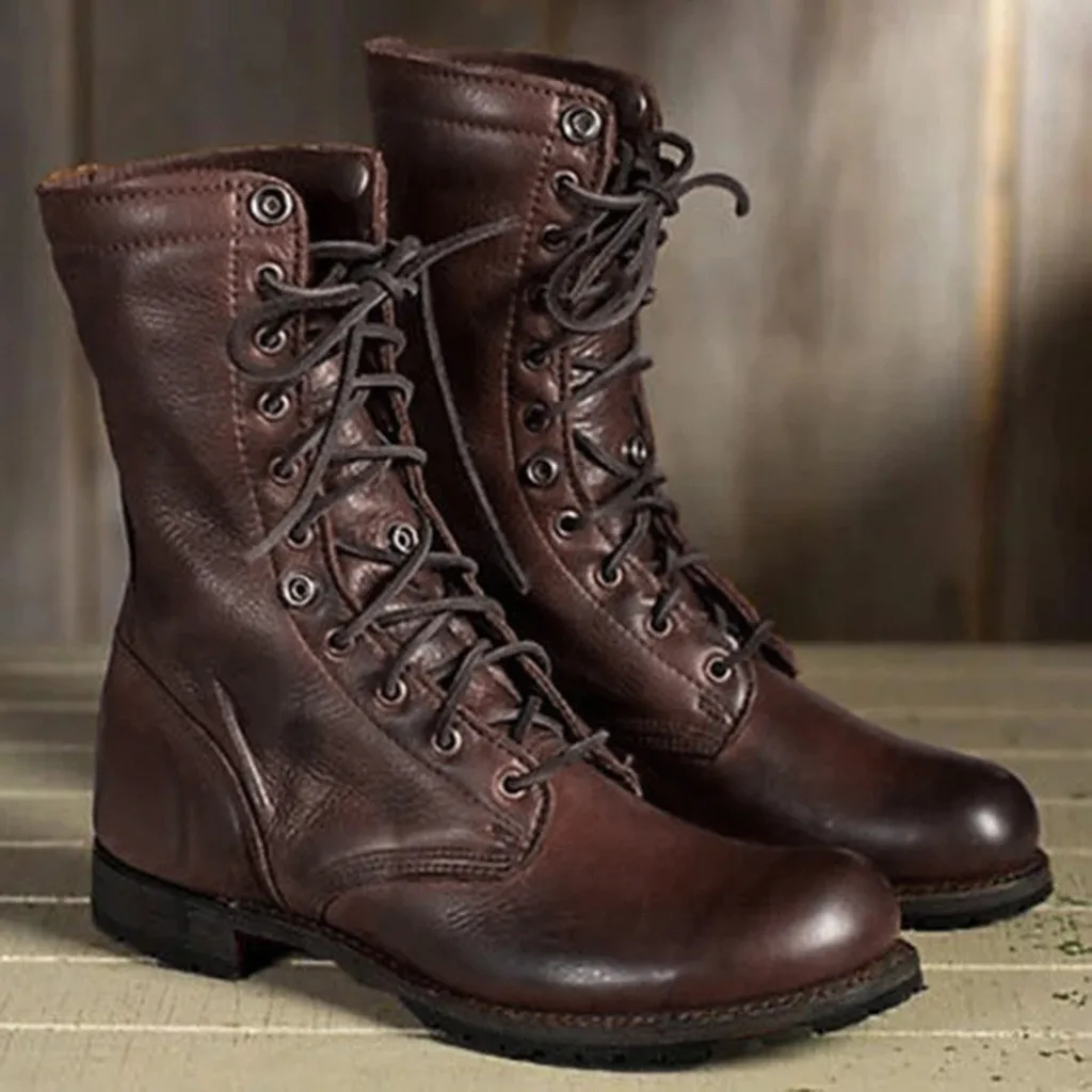 

YOUYEDIAN mens boots leather army boots men military shoes Mens Womens Flats Low-heeled Lace-Up Western Middle Tube Boots#807g45