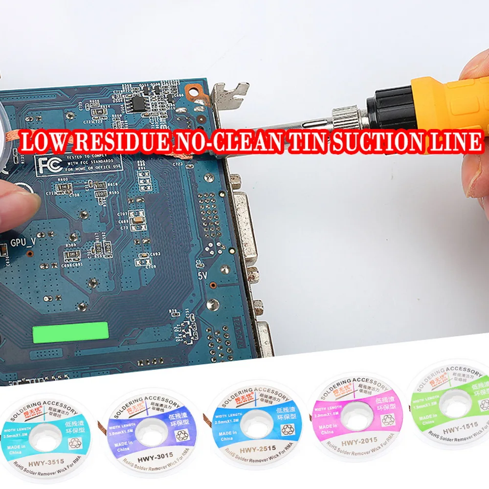 

Desoldering braid 1.5/2.0/2.5/3/3.5mm 1.5M Desoldering Braid Welding Solder Remover Wick Wire Lead Cord Flux BGA Repair Tool
