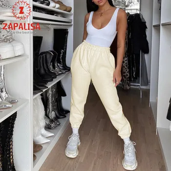 

Fashion Women Spring Autumn Solid Thick Long Trousers Patchwork Design Pockets Decor Mid Waist Plaid Print Casual Pencil Pants