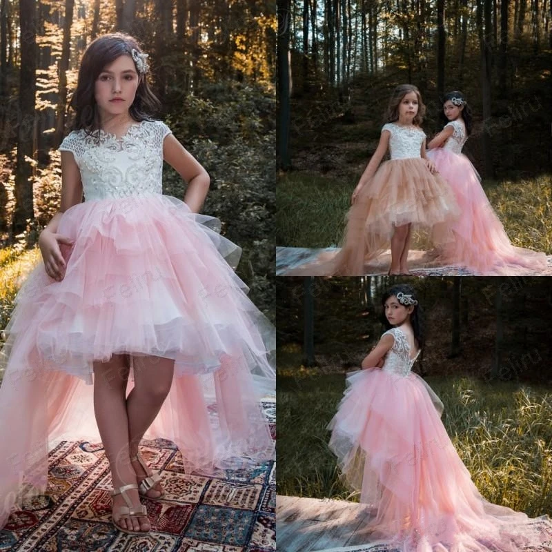 shuiyin11 (2)Sweet Pink High Low Flower Girls Dresses With White Applique Lace Little Kids First Communion Dress Cheap Custom Made Pageant Gowns