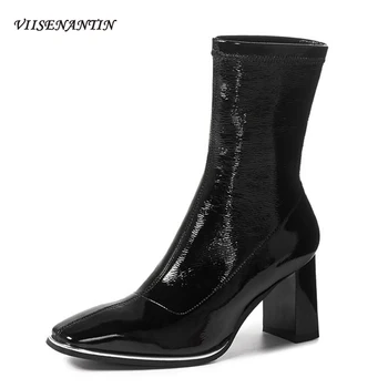 

Metal Decoration New Thin Boots Square Head Thick Heel High Heel Boots Elastic Fashion Patent Leather Mid-tube Short Boots Women
