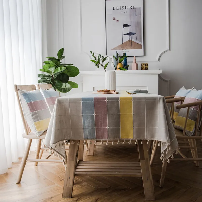 Simple Plaid Tablecloth Waterproof Color Tassel Table Cloth Cotton Table Cover Mantel Mesa Home Textiles Coffee Table Cloth