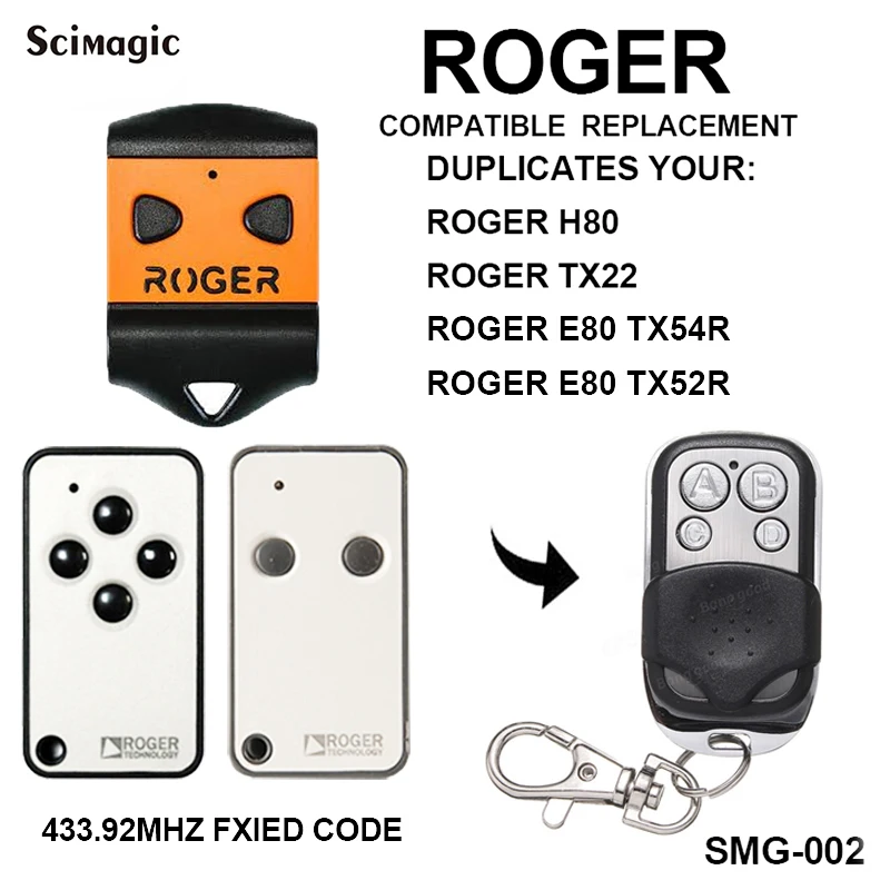 Compatible ROGER model H80/ROGER TX22/ROGER E80 TX54R/ROGER TX52R 433.92mhz fixed code Garage door remote control | Электроника