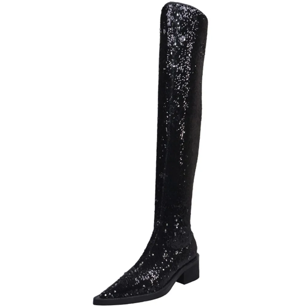 Drestrive Для женщин Сапоги выше колен(ботфорты) из ткани, расшитой пайетками; обувь на низком каблуке 5,5 см острый носок весенние черные толстый каблук с украшениями женская мода обувь - Цвет: Black