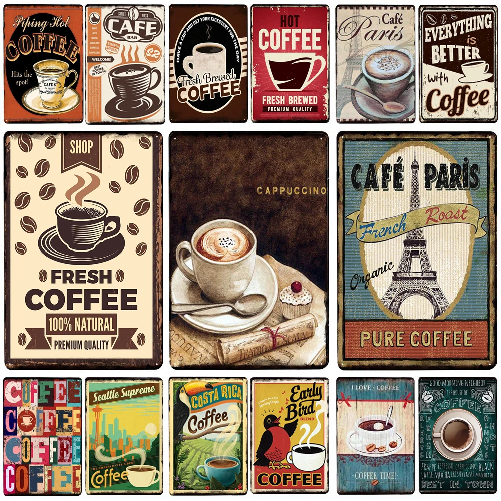 

Fresh Coffee Plaque Tin Sign Vintage Coffee Shop Metal Painting Cafe Kitchen Wall Decor Iron Plate Restaurant Decoration