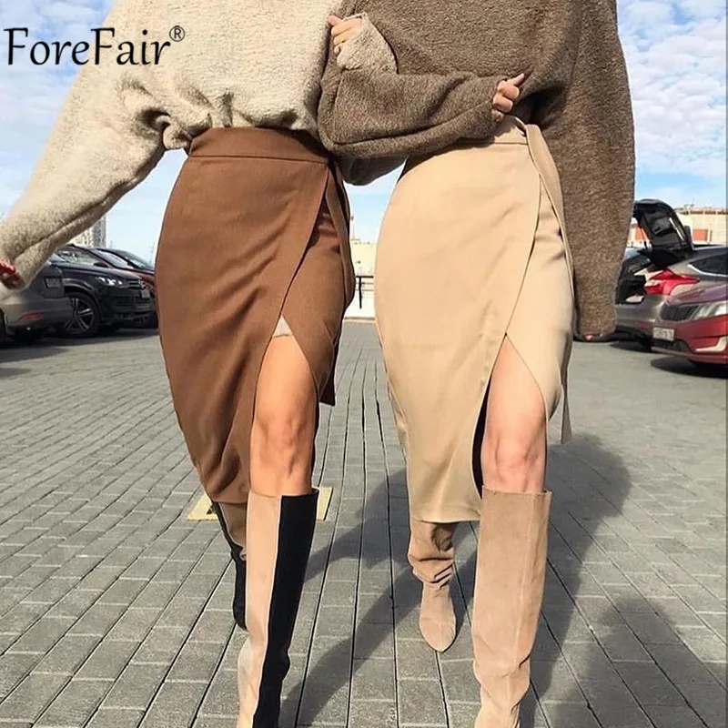 Forefair бандажная офисная юбка средней длины с высокой талией, замшевая длинная осенне-зимняя женская юбка на шнуровке, элегантная повседневная юбка
