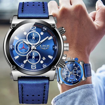 

Watch Men Blue Leather Chronograph 2020 Mens Watches Top Brand Luxury Wristwatch LIGE New Fashion Waterproof Sport Quartz Clock