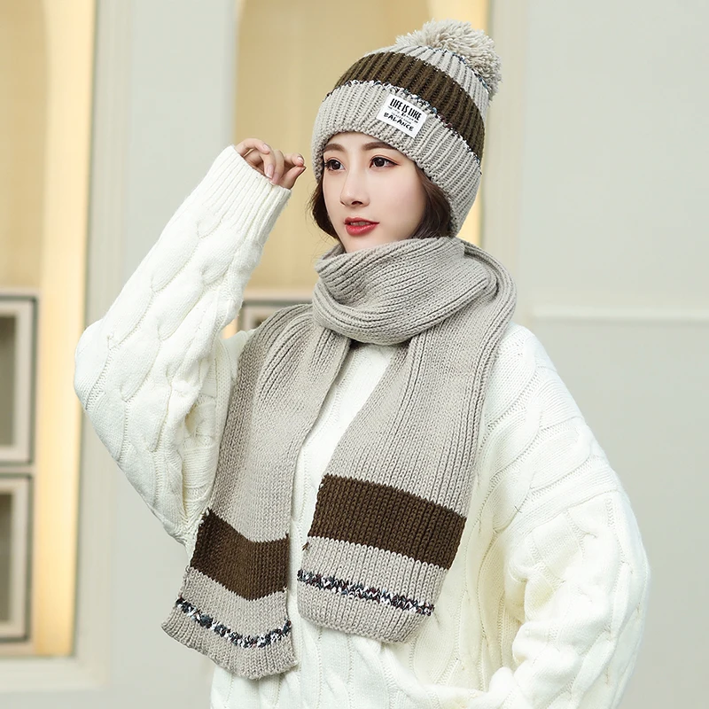 Khaki New Women Knitted Hat Scarf Set Brand Winter Cap Thickening Warm Knit Beanies Pompom Hats Female Two color Knit Bonnet Caps - Цвет: Khaki