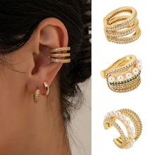 

Boho Micro Pave Zirconia CZ Clip on Earrings for Women Simulated Pearls Layered No Piercing Ear Cuffs Aesthetic Accessories