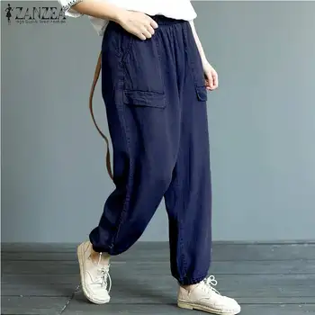 

ZANZEA Women's Pants 2020 Vintage Blue Trousers Casual Solid Long Streetwear Elastic Waist Pantalones Femme Sweatpants Oversized