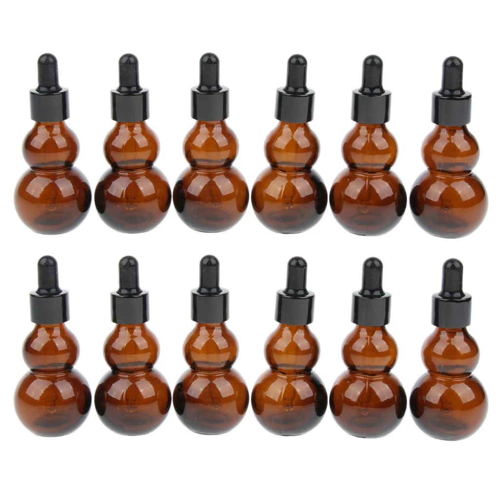12pcs Gourd Shaped Glass Refillable Empty Dropper Bottles Essential Oil Cosmetic Makeup Perfume Container Vials Amber Color