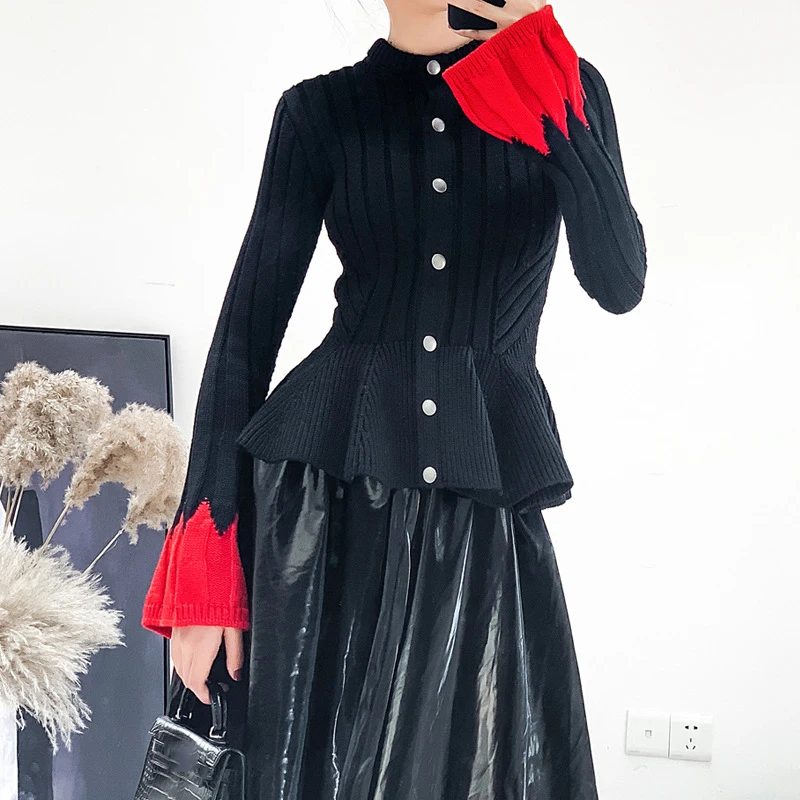 Patchwork Hit Colors Knitting Cardigan Female Flare Long Sleeve Ruffle Hem Sweater Women Elegant Casual Clothing Women Sweaters