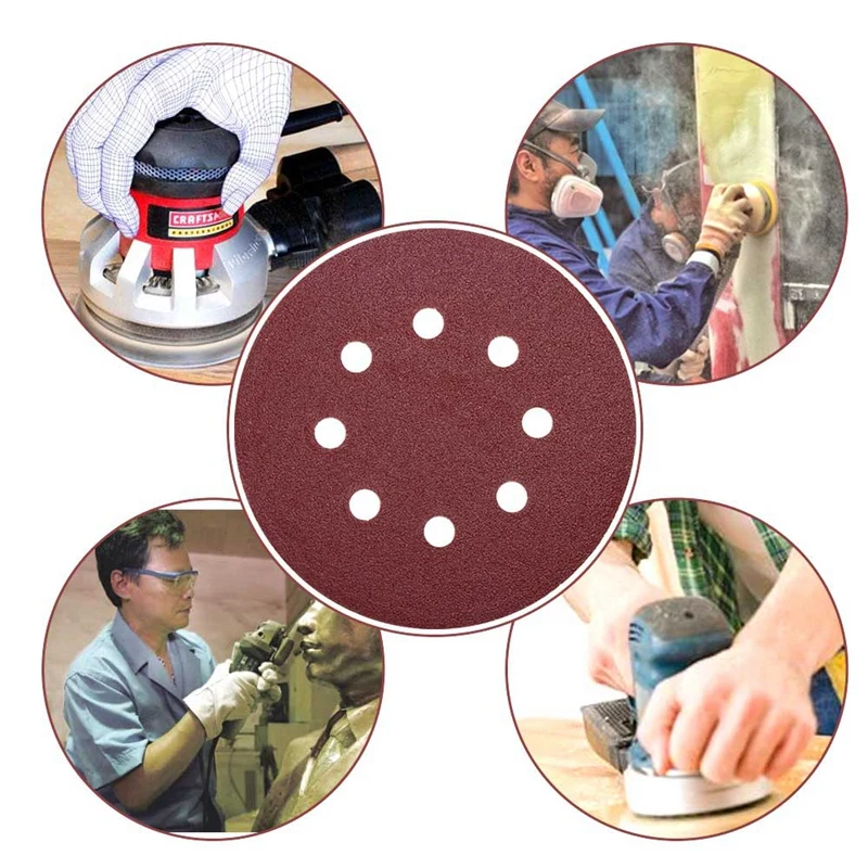 50Pcs 5 Inch 125Mm Round Sandpaper Eight Hole Disk Sand Sheets Grit 40/60/80/120/240 Hook And Loop Sanding Disc Polish