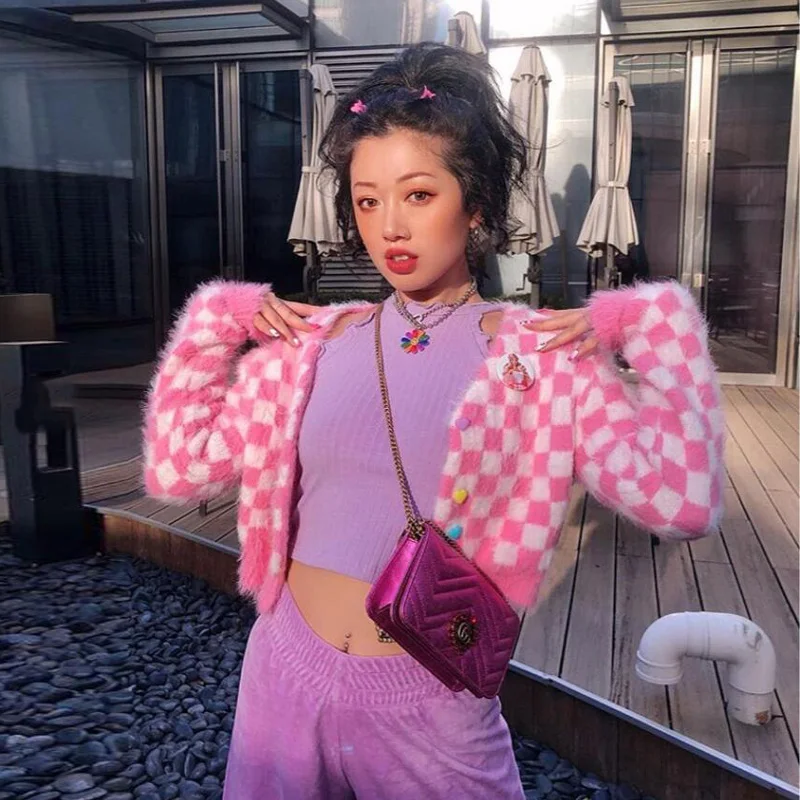 Harajuku розовый шахматный свитер осень зима плед кардиган до талии пальто Вязаная Куртка Кашемир тянуть Женский, с длинным рукавом для женщин Hiver