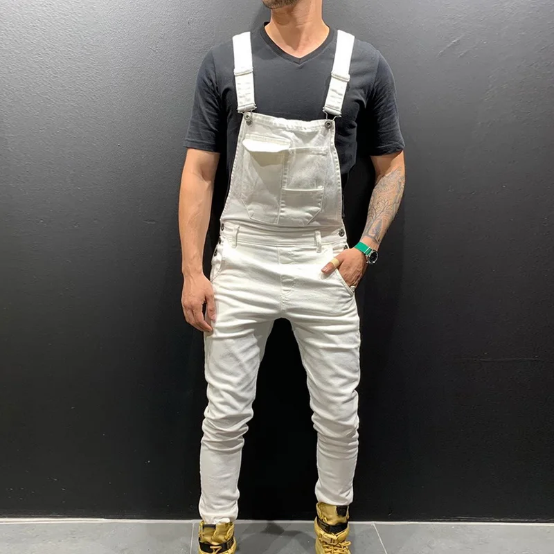 

2019 High Street Pockets Jeans Men Fashion Slim Fit Denim Jumpsuits Modish Strap Overalls Casual Suspender Distressed Jeans Pant