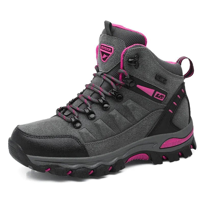 Зимняя Уличная обувь для пеших прогулок; Женская водонепроницаемая нескользящая обувь для альпинизма; mujer; унисекс; прогулочная обувь; Теплая мужская обувь; Размеры 35-45 - Цвет: grey pink