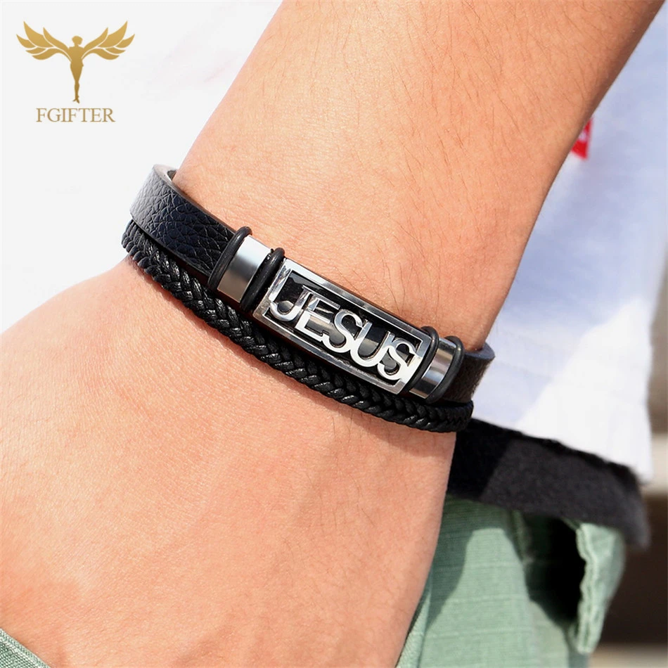 Pulsera de acero inoxidable cruz cristiana para hombre y mujer, brazalete multicapa de cuero, accesorios de joyería|Pulseras brazalete| - AliExpress