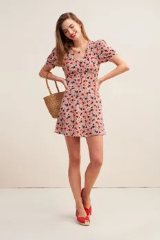 

Rouj French Elegant Xiaozhong 19 Summer Printing V Collar Bubble Short Sleeve Dress 93158