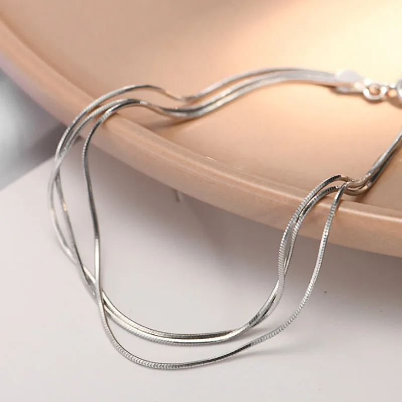 925 Sterling Silver 3 Layer Line Snake Bone Bracelets Korea Mori Style Temperament Bracelets for Women Trendy Girls Jewelry Gift - Gem Color: Silver