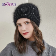  ENJOYFUR Women Knitted Winter Hats Thick Warm Angola Rabbit Fur Hair Rhinestone Bonnet Female Fashion Good Quality Winter Beanie 