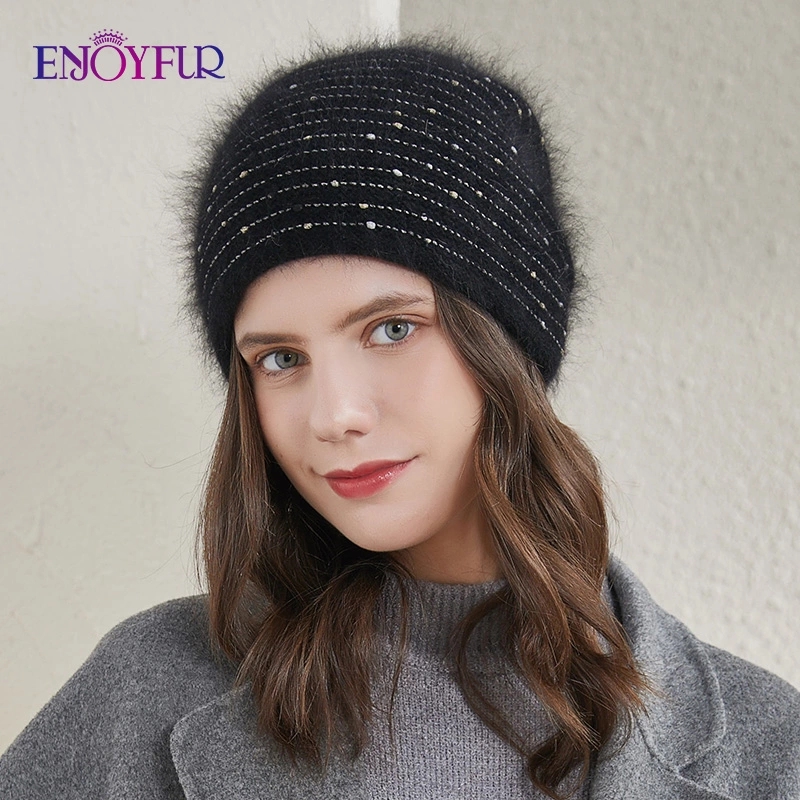 ENJOYFUR Women Knitted Winter Hats Thick Warm Angola Rabbit Fur Hair Rhinestone Bonnet Female Fashion Good Quality Winter Beanie