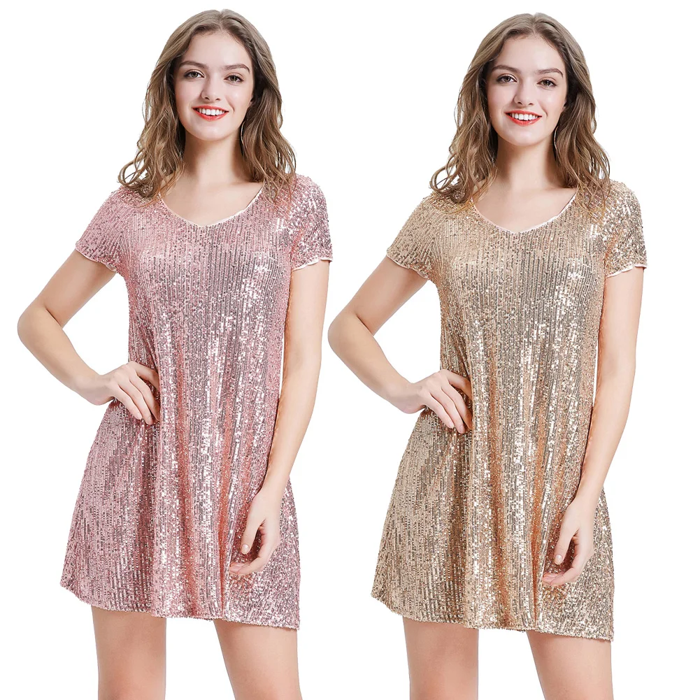 Women's Sequined dresses A-Line Mini Dress Short Raglan Sleeve V-Neck Cocktail party casual pure color mini short dresses ladies