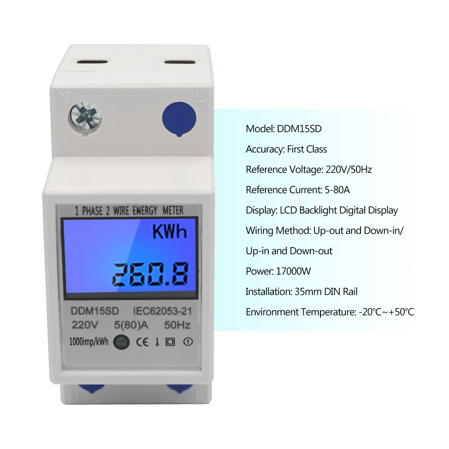Contatore di energia elettrica Contatore di energia elettrica Digitale 5-80A 230V 50Hz LCD Digitale monofase contatore Elettrico Montaggio su Guida DIN Dds015