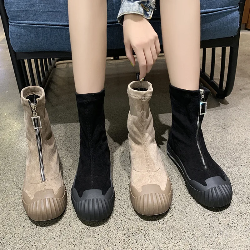 

2019 Autumn And Winter Boots Women New Suede Socks Boots Comfort Zipper Ankle Boot Mujer Scarpe Donna Chunky Heels Botte Femme