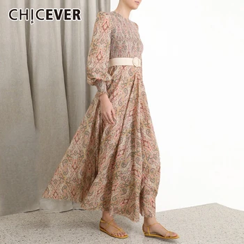 

CHICEVER Vintage Print Dresses Female O Neck Lantern Long Sleeve High Waist With Sashes Ruched Dress Women 2020 Fashion Tide