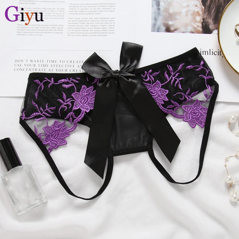 

Sexy Embroidery Panties Good Elastic Underwear Elegant Bowknot Multicolor Female Floral Open Briefs and G-strings Tanga Mujer